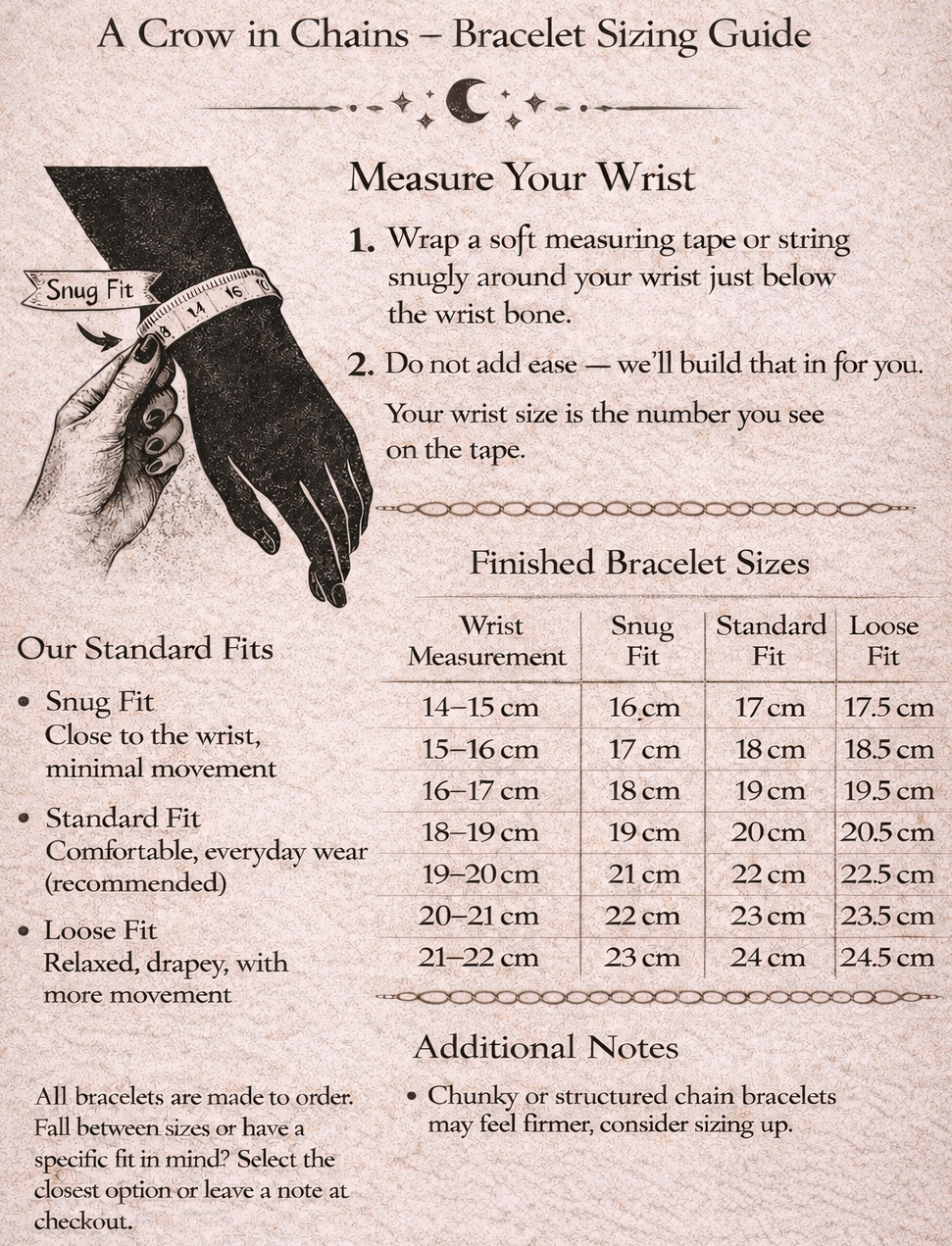 Bracelet sizing guide with instructions and measurements on a textured background